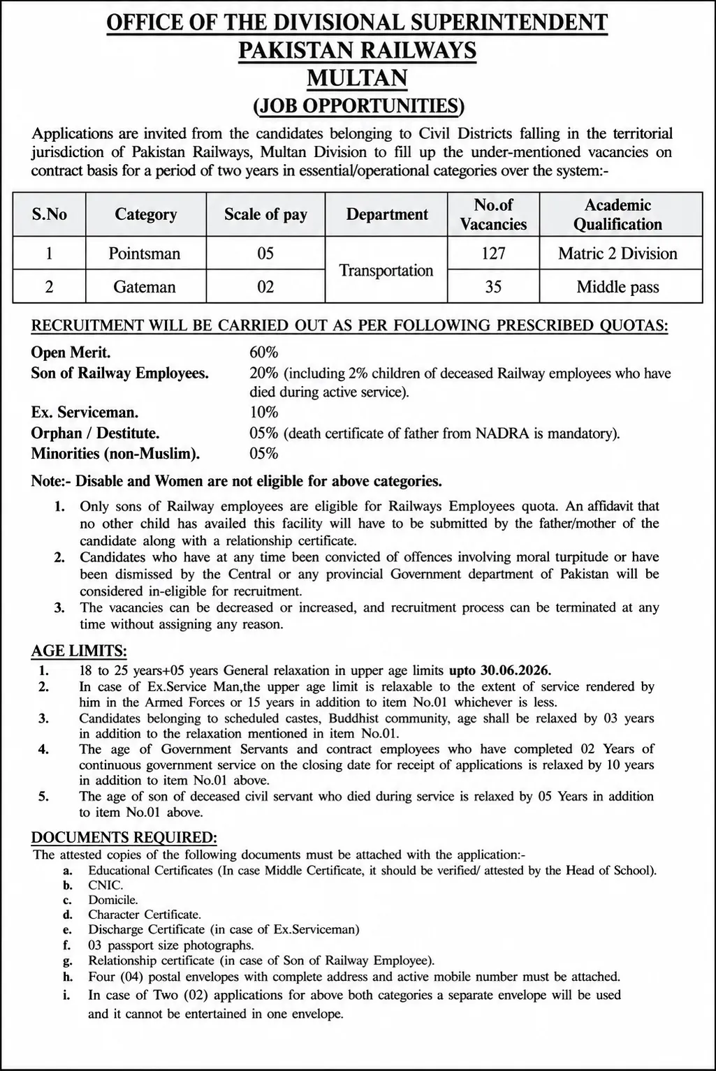 Pakistan Railways Multan Jobs June 2026 advertisement
