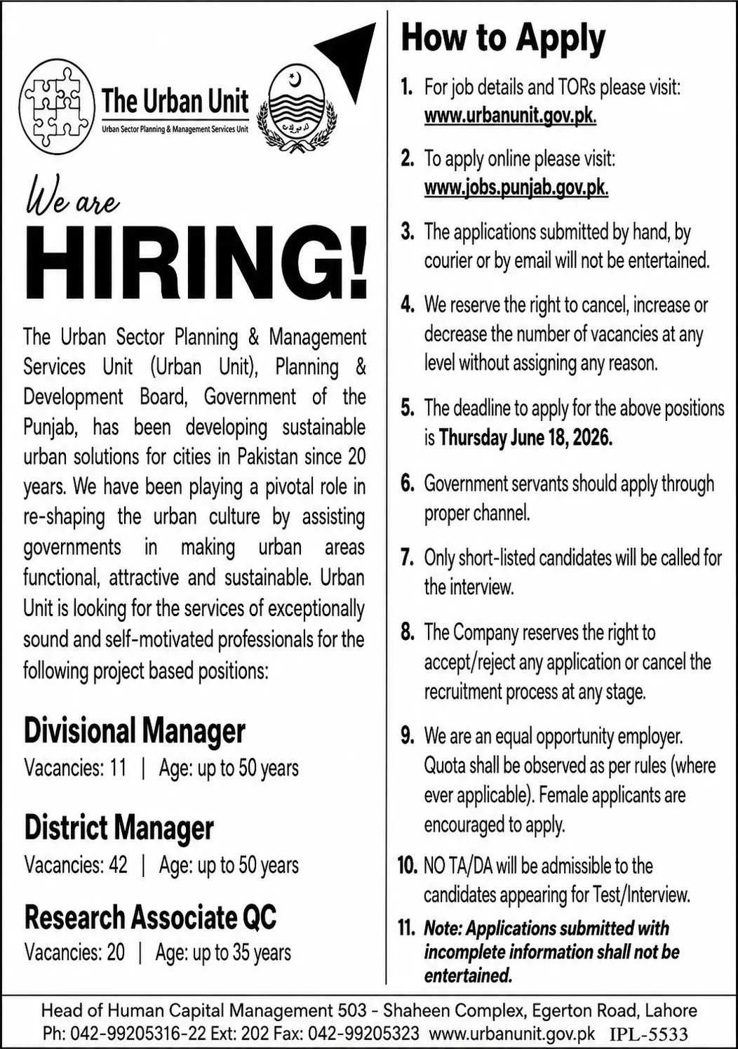 Urban Unit Jobs 2026 in Punjab Advertisement